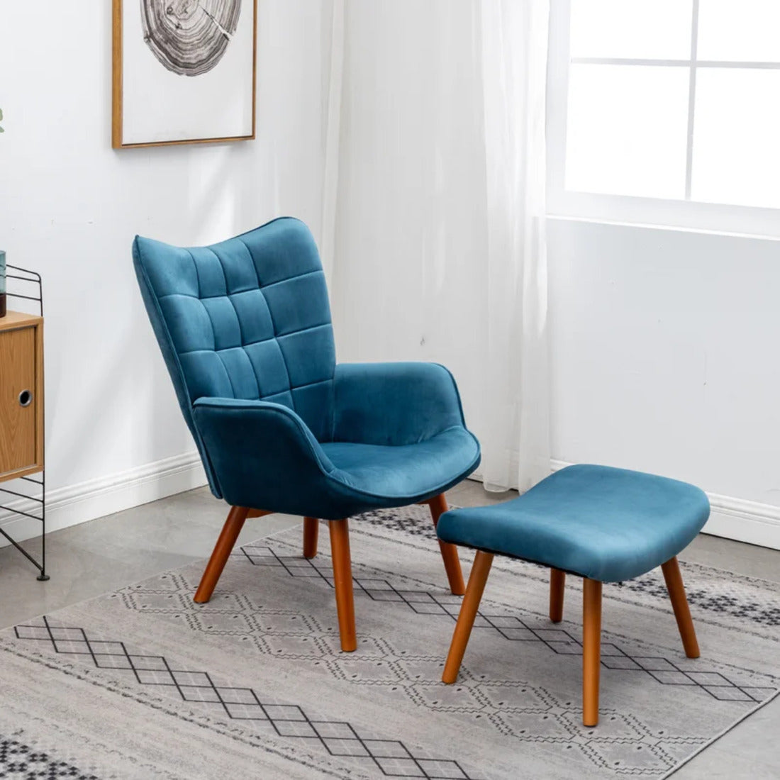 Tufted Curvy Long Back Sea Green Armchair with Footrest