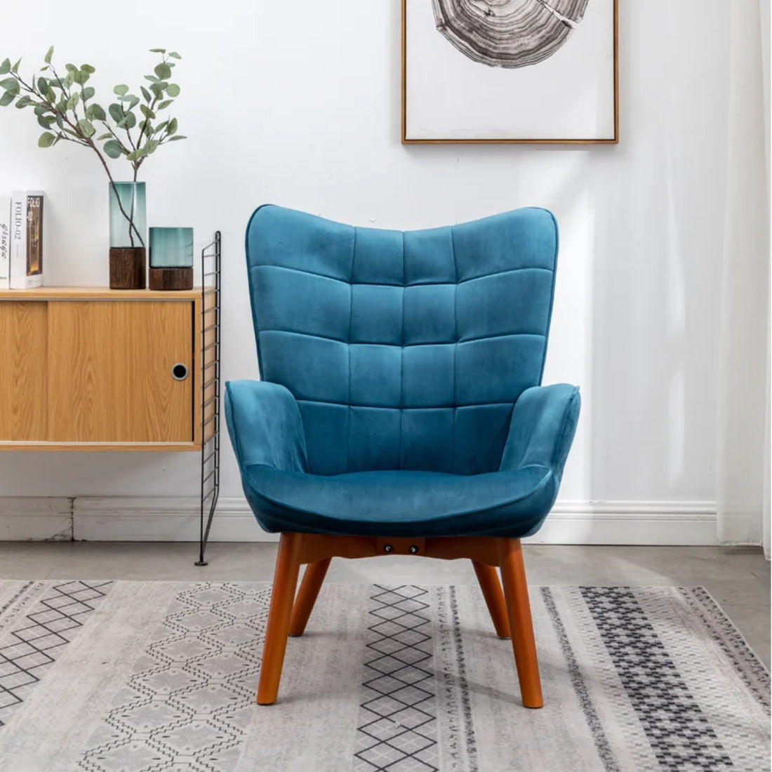 Tufted Curvy Long Back Sea Green Armchair with Footrest