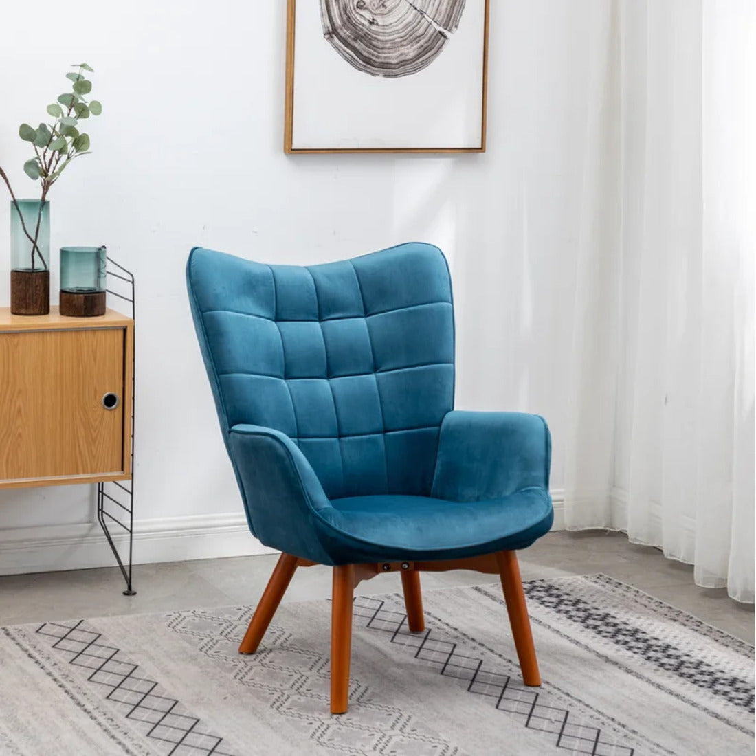 Tufted Curvy Long Back Sea Green Armchair with Footrest