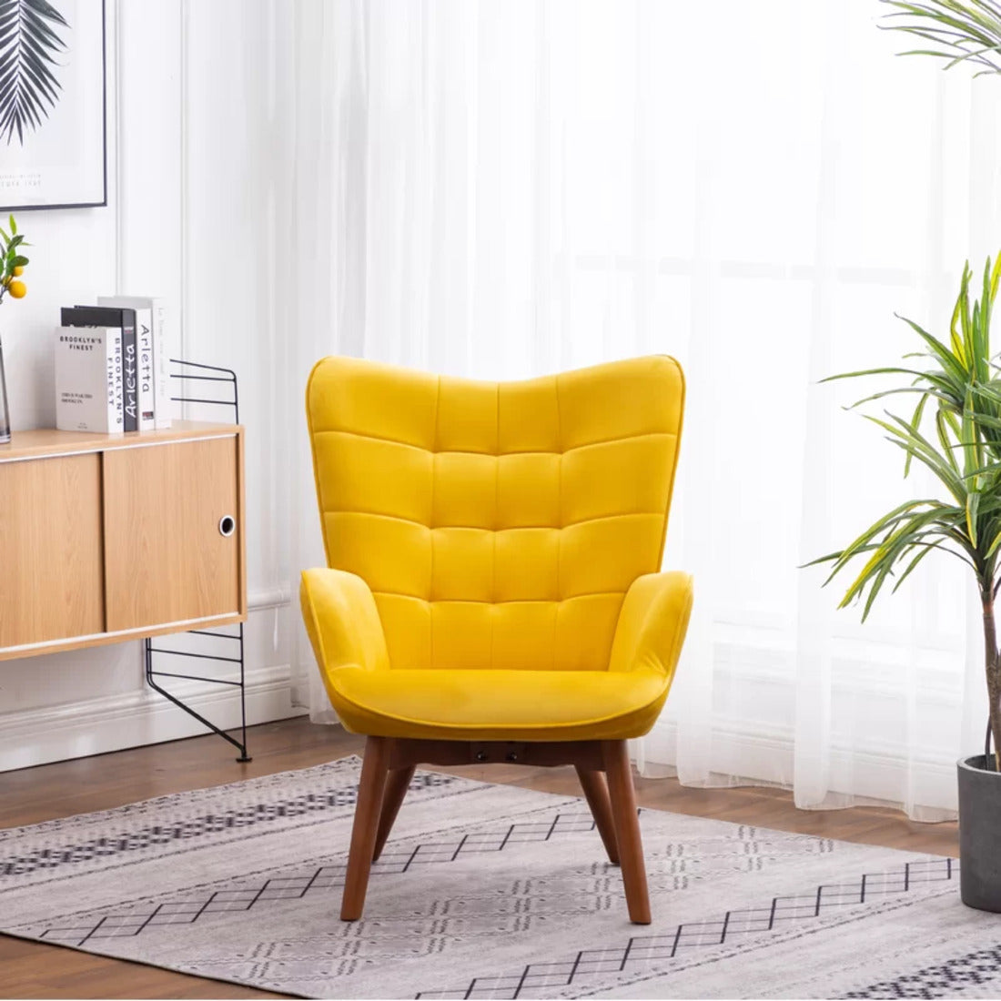 Tufted Curvy Long Back Yellow Color Lounge Chair with Footrest