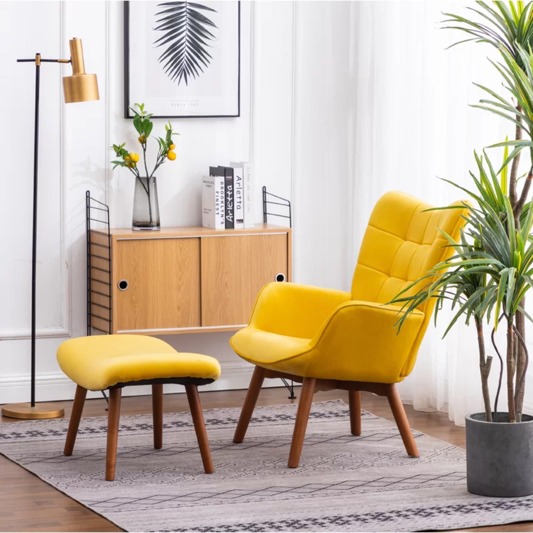 Tufted Curvy Long Back Yellow Color Lounge Chair with Footrest