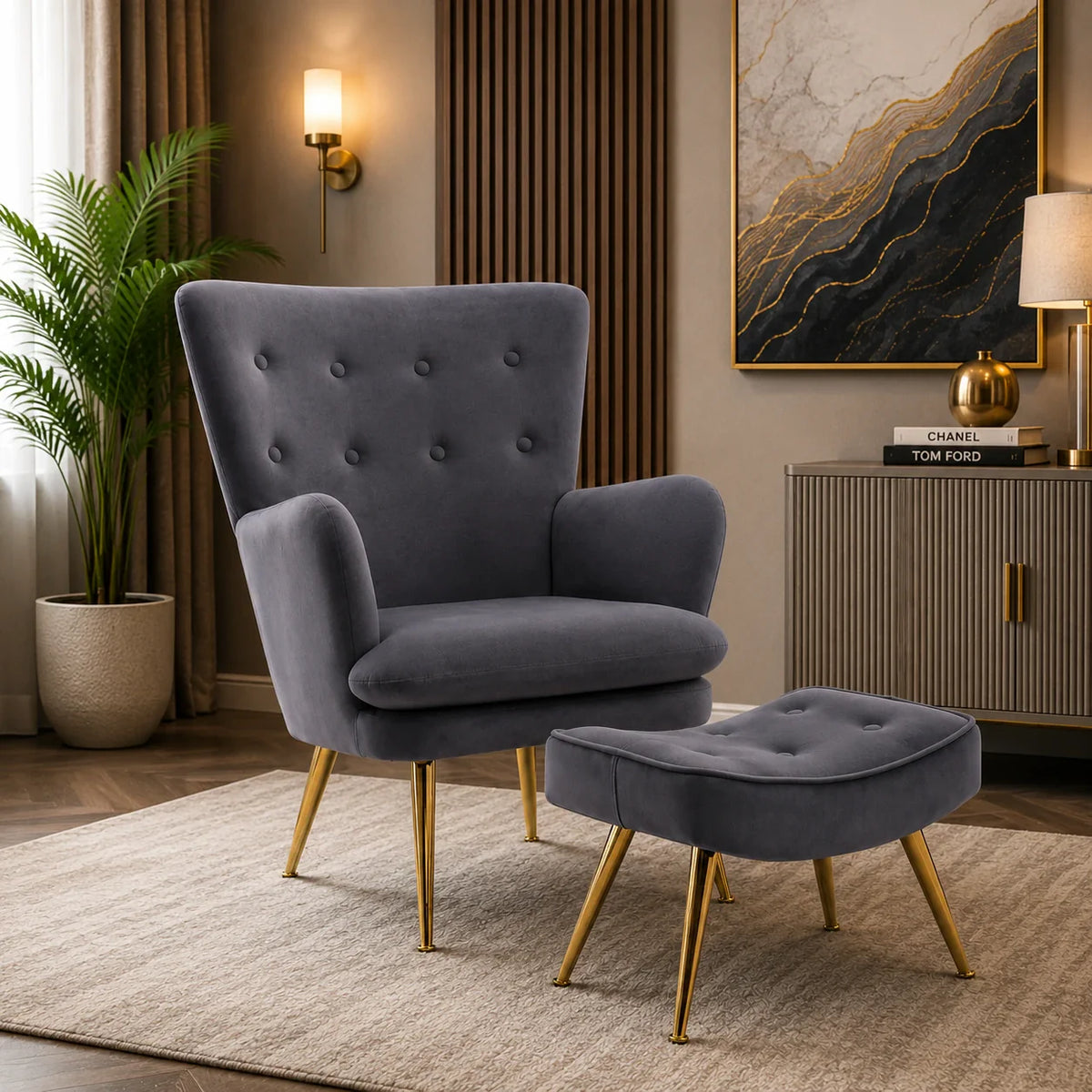 Tufted Long Back Premium Grey Sofa Lounge Chair with Footrest