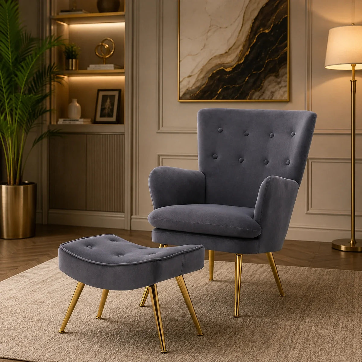 Tufted Long Back Premium Grey Sofa Lounge Chair with Footrest
