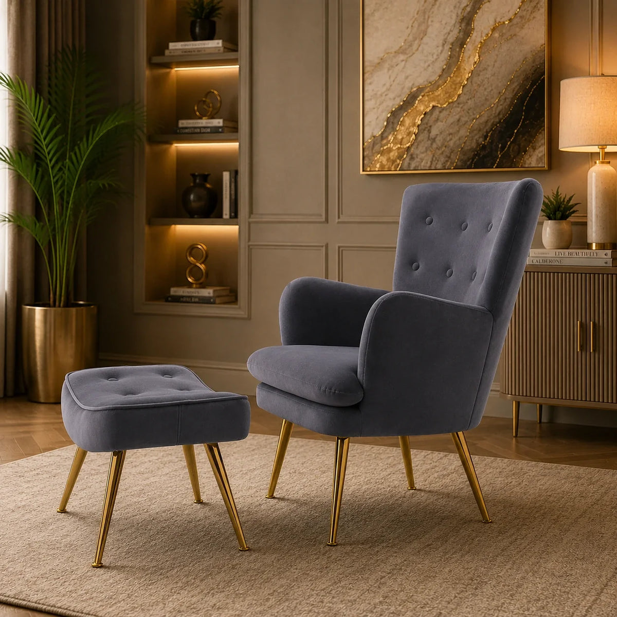 Tufted Long Back Premium Grey Sofa Lounge Chair with Footrest