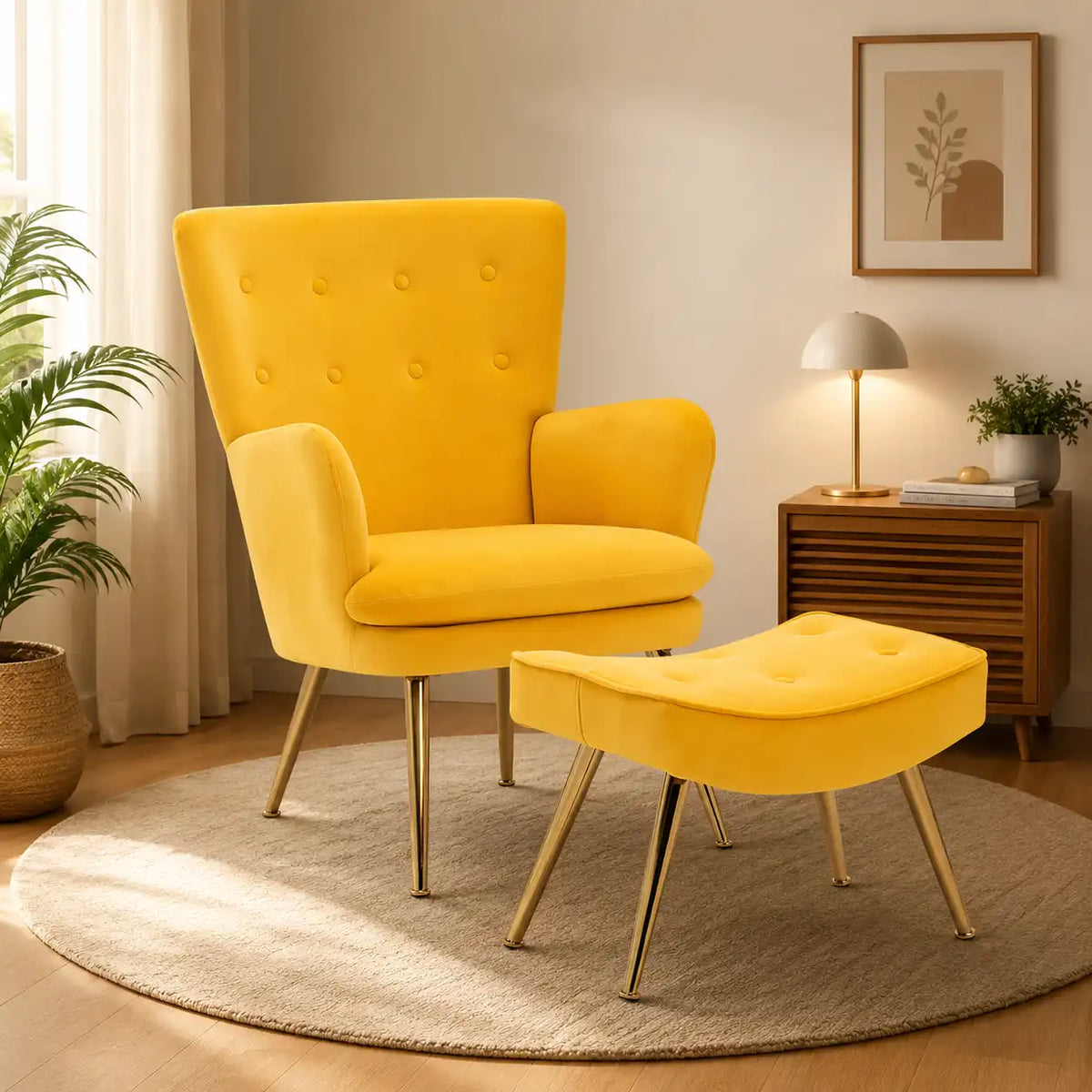 Tufted Long Back Yellow Color Sofa Lounge Chair with Footrest