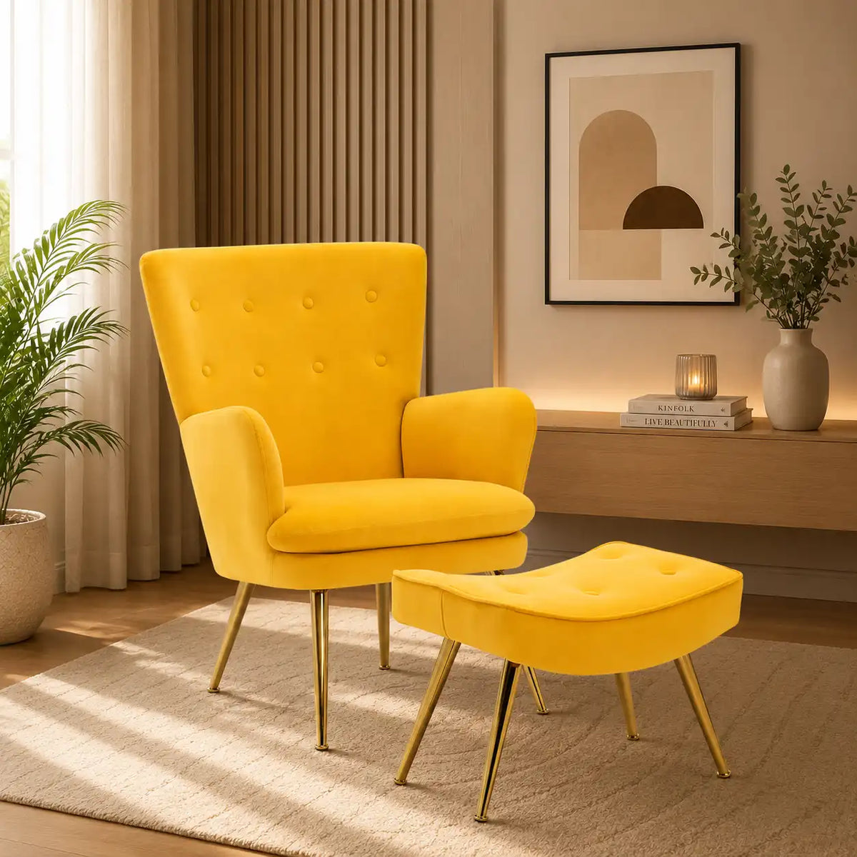 Tufted Long Back Yellow Color Sofa Lounge Chair with Footrest
