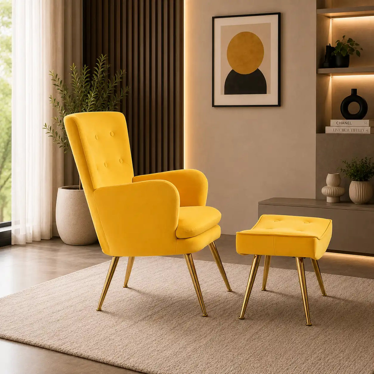 Tufted Long Back Yellow Color Sofa Lounge Chair with Footrest