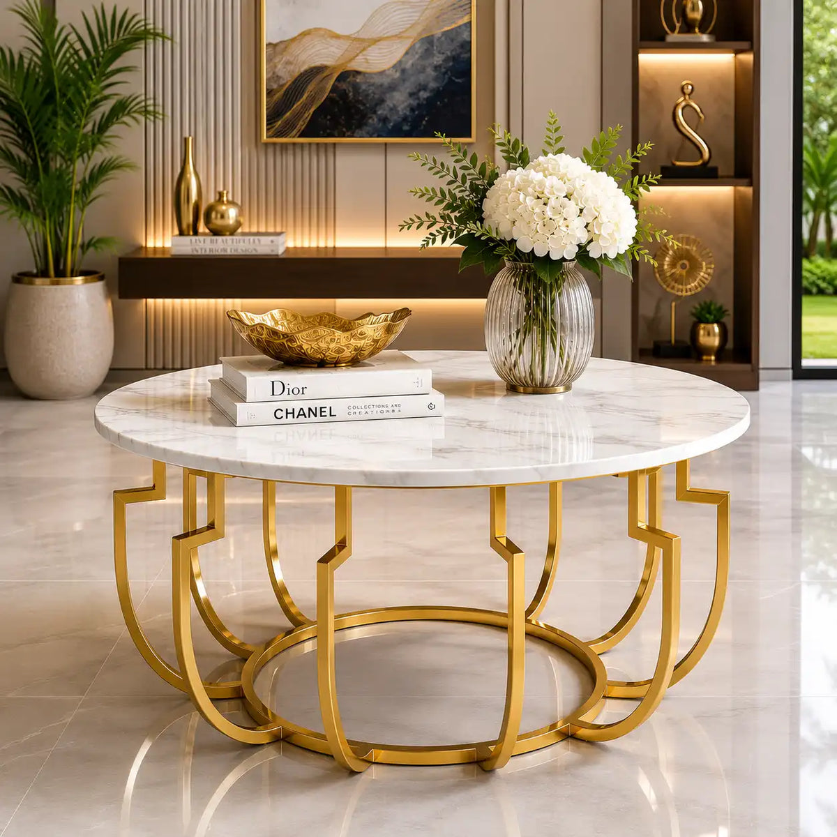 Unique Design White Marble Golden Metal Center Table