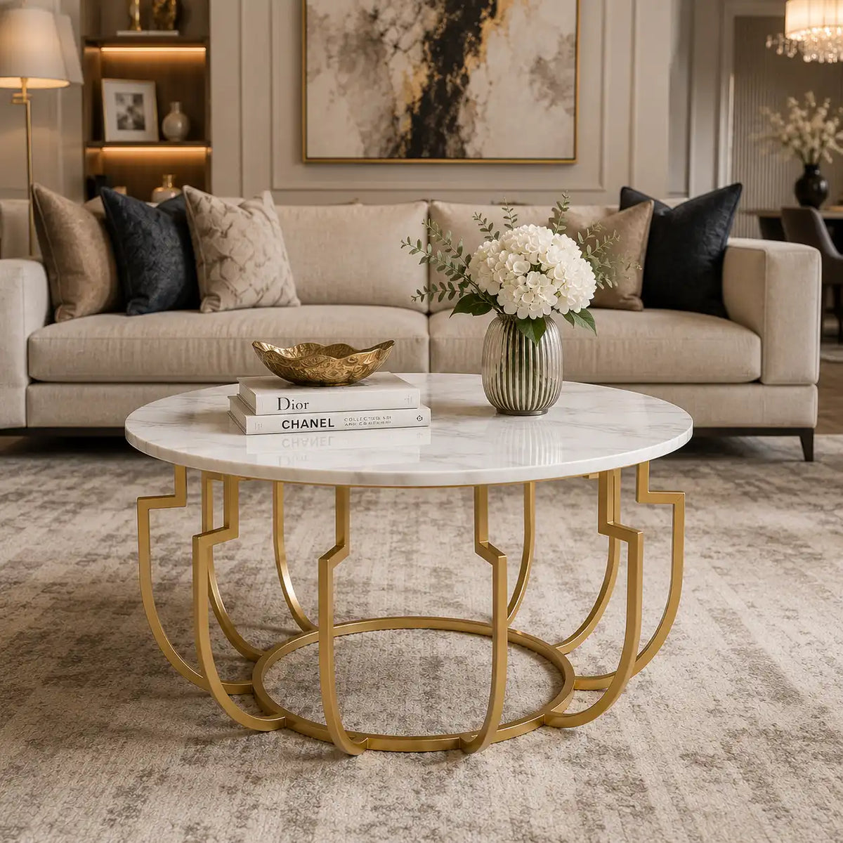 Unique Design White Marble Golden Metal Center Table