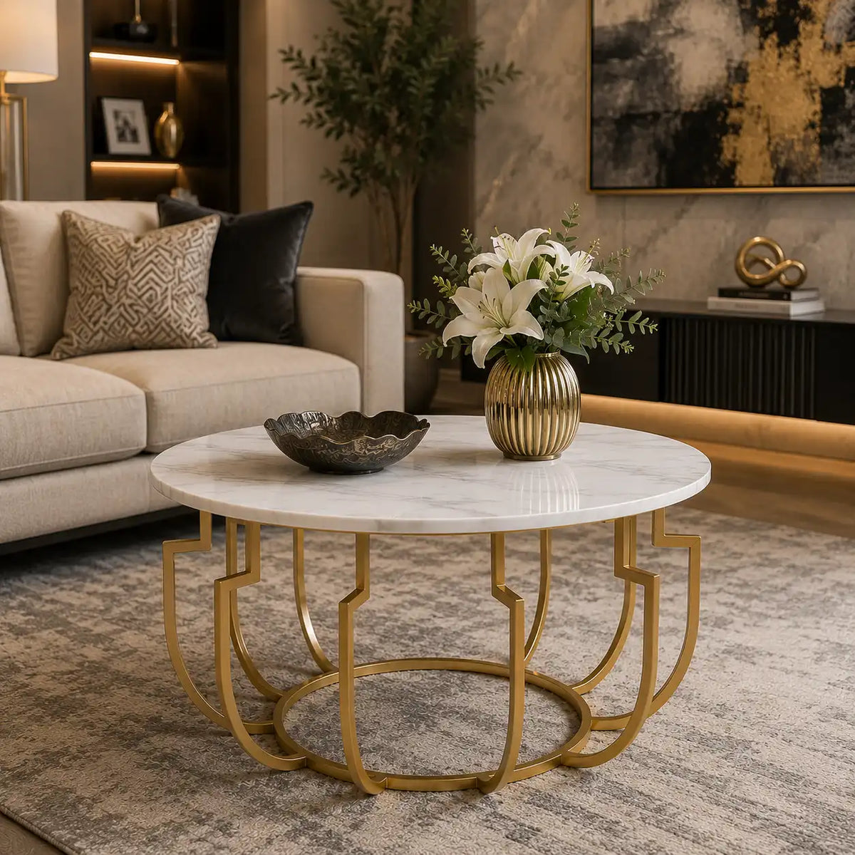 Unique Design White Marble Golden Metal Center Table