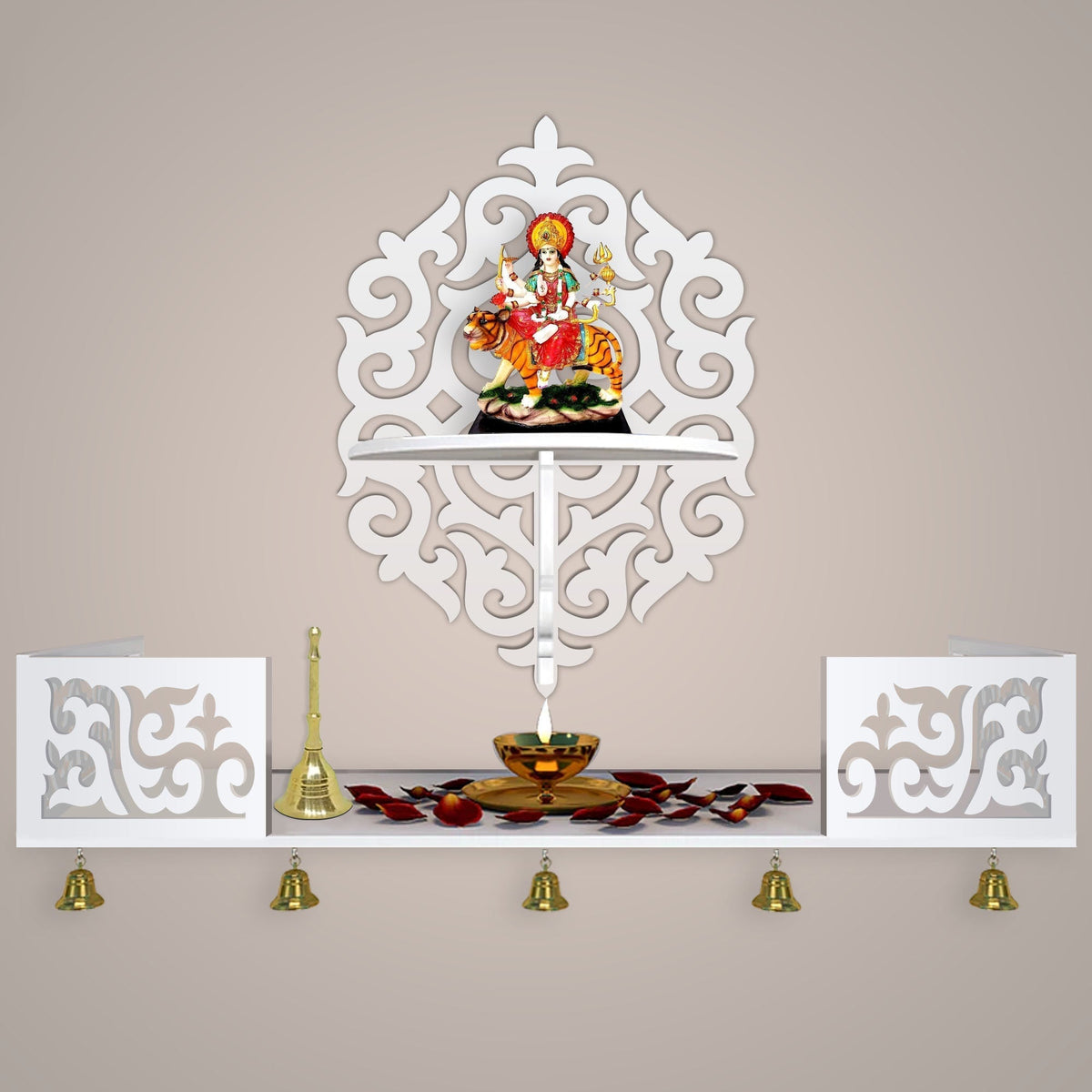 Unique Designer Beautiful Wall Hanging Wooden Temple/ Pooja Mandir Design with Shelf, White Color