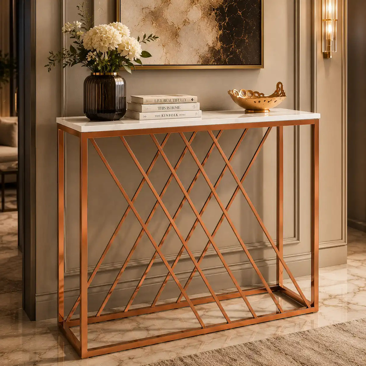 Unique Pattern Console Table  with Copper Metal Finish