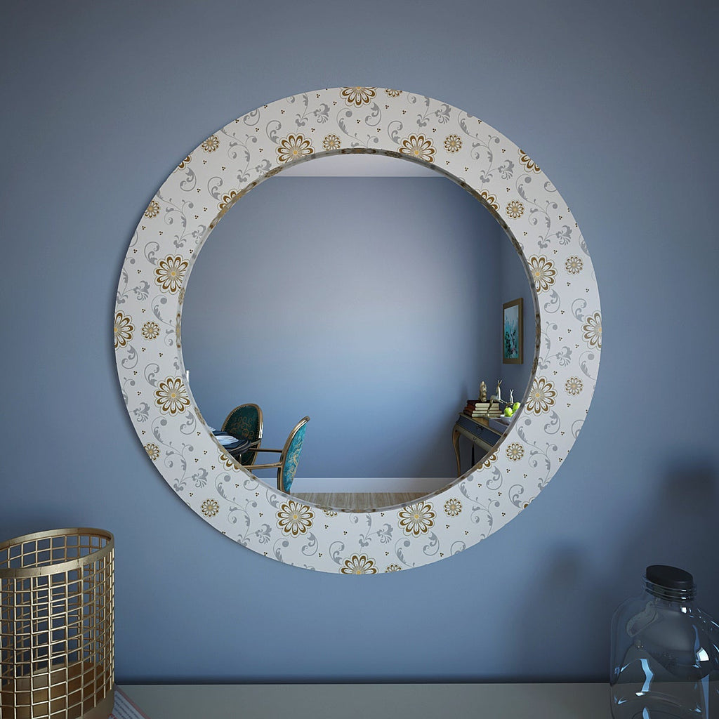 White Frame Floral Printed Round Acrylic Wall Mirror
