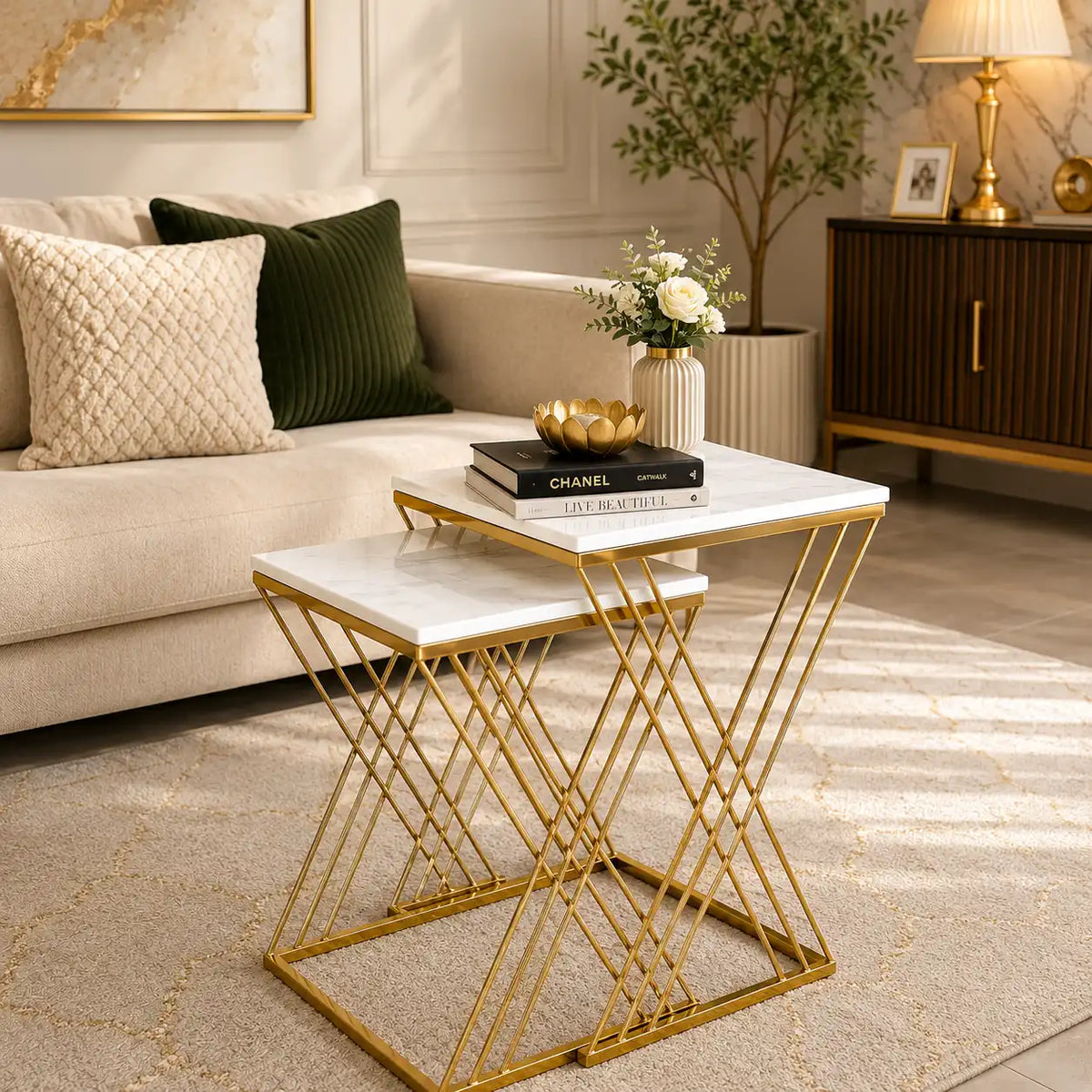 White Marble Golden Iron Stand Side Coffee Table Set of 2