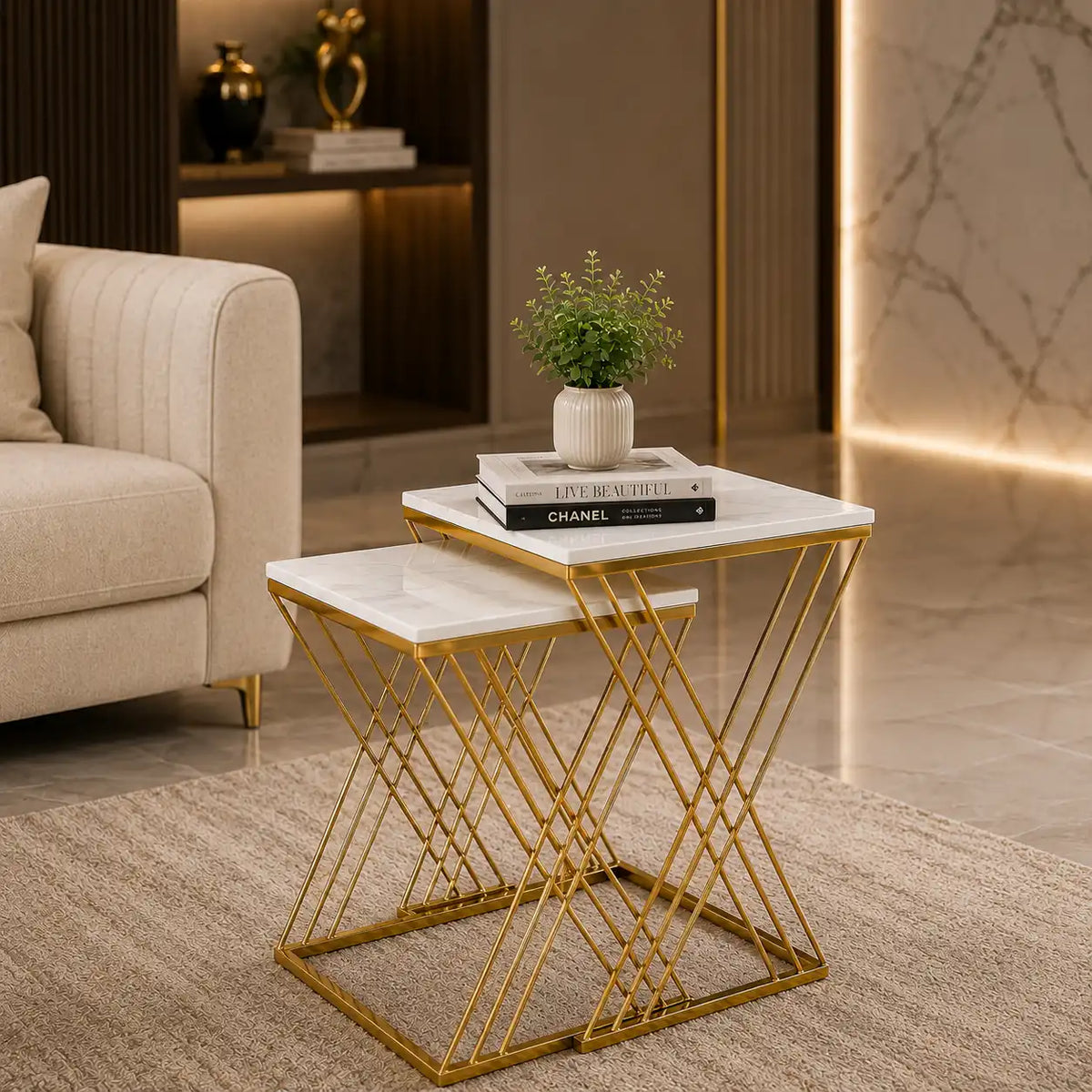 White Marble Golden Iron Stand Side Coffee Table Set of 2