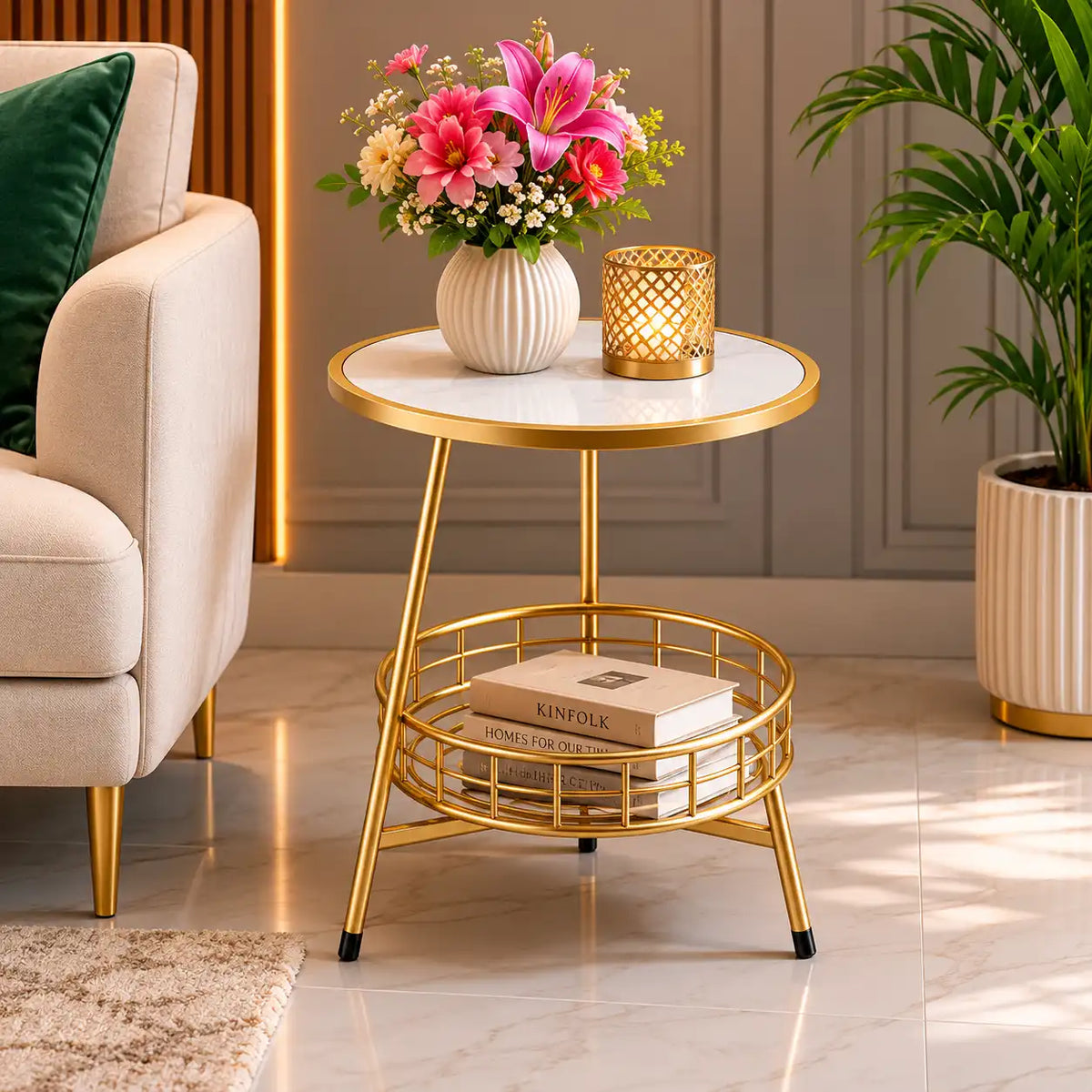 White Marble Round Shape Iron Stand Side Table