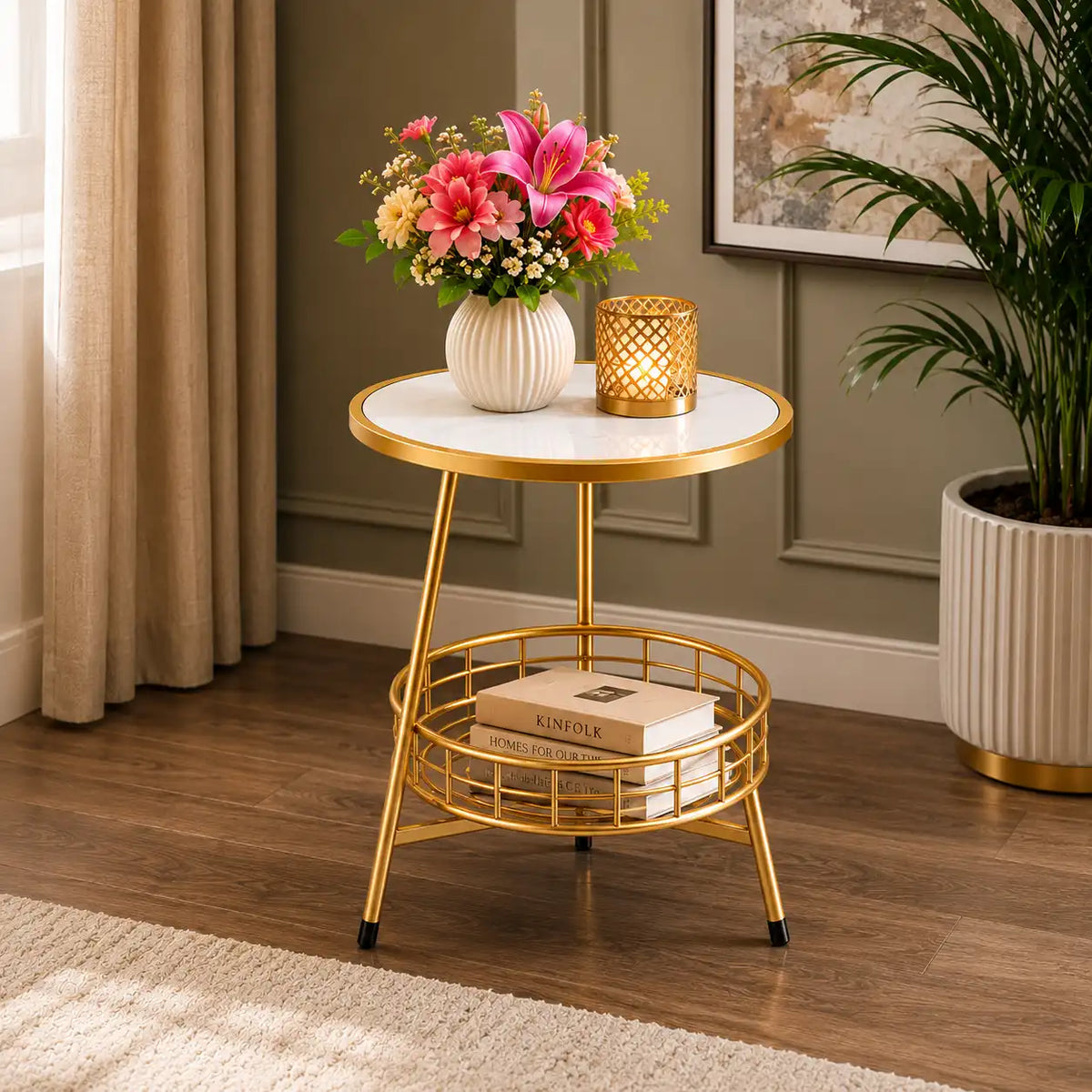 White Marble Round Shape Iron Stand Side Table