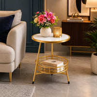 White Marble Round Shape Iron Stand Side Table