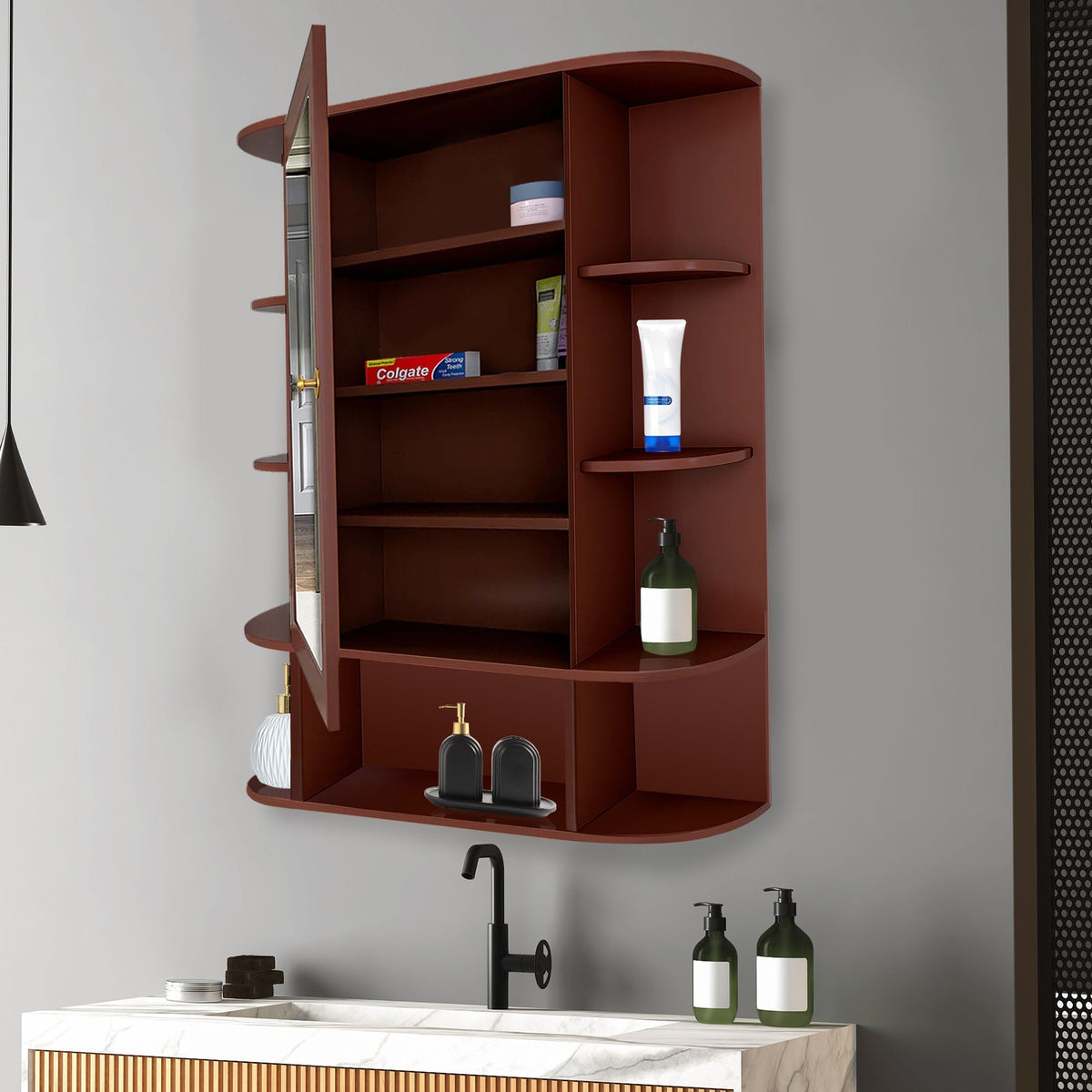 Spacious Wooden Bathroom Mirror Cabinet with 13 Shelves with Brown Finish