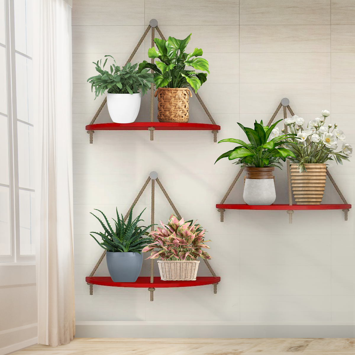 Wooden Wall Hanging Curved Shape Planter Shelf with Rope (Red)