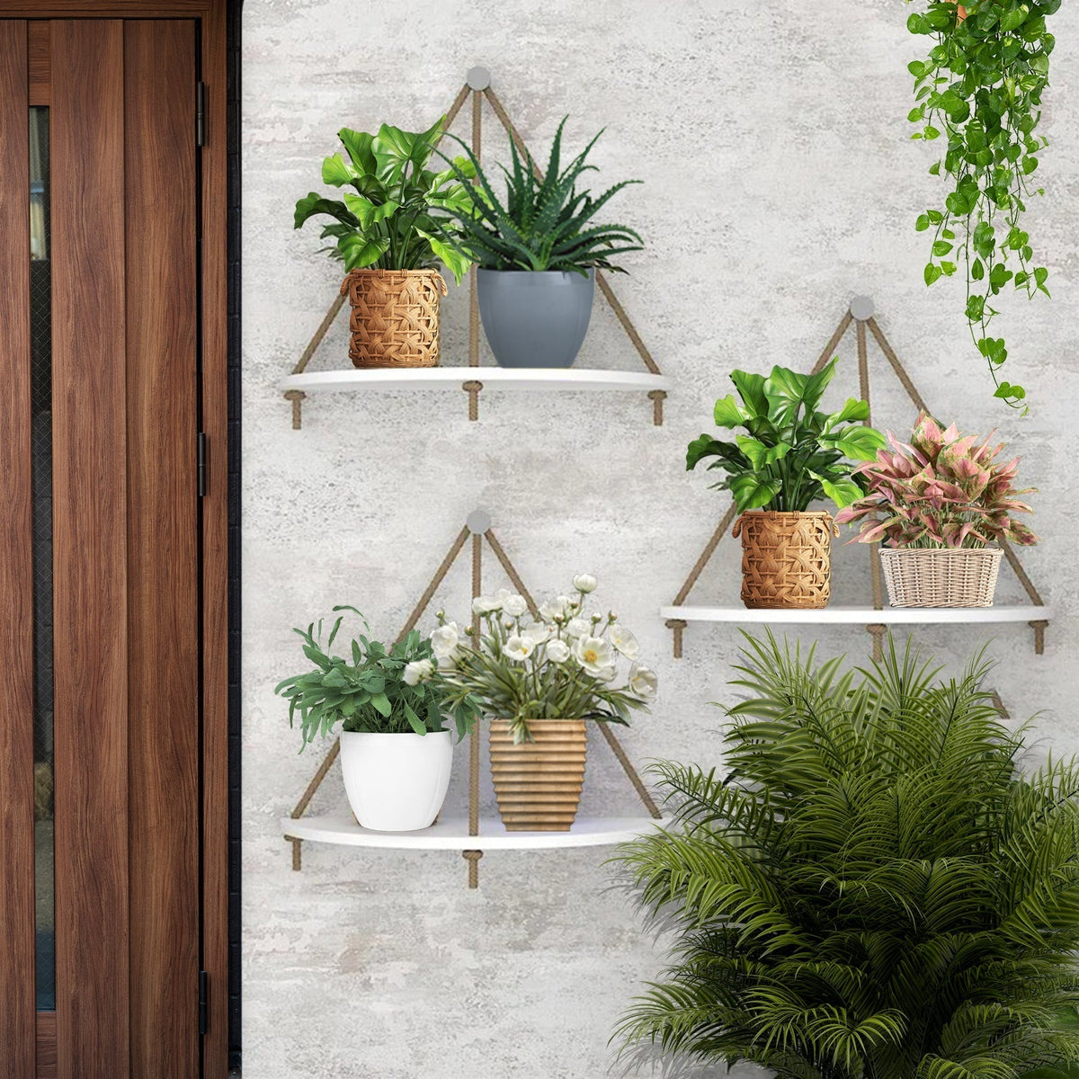Wooden Wall Hanging Curved Shape Planter Shelf with Rope (White)