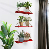 Wooden Wall Hanging Planter Shelf with Rope (Red, Set of 3)