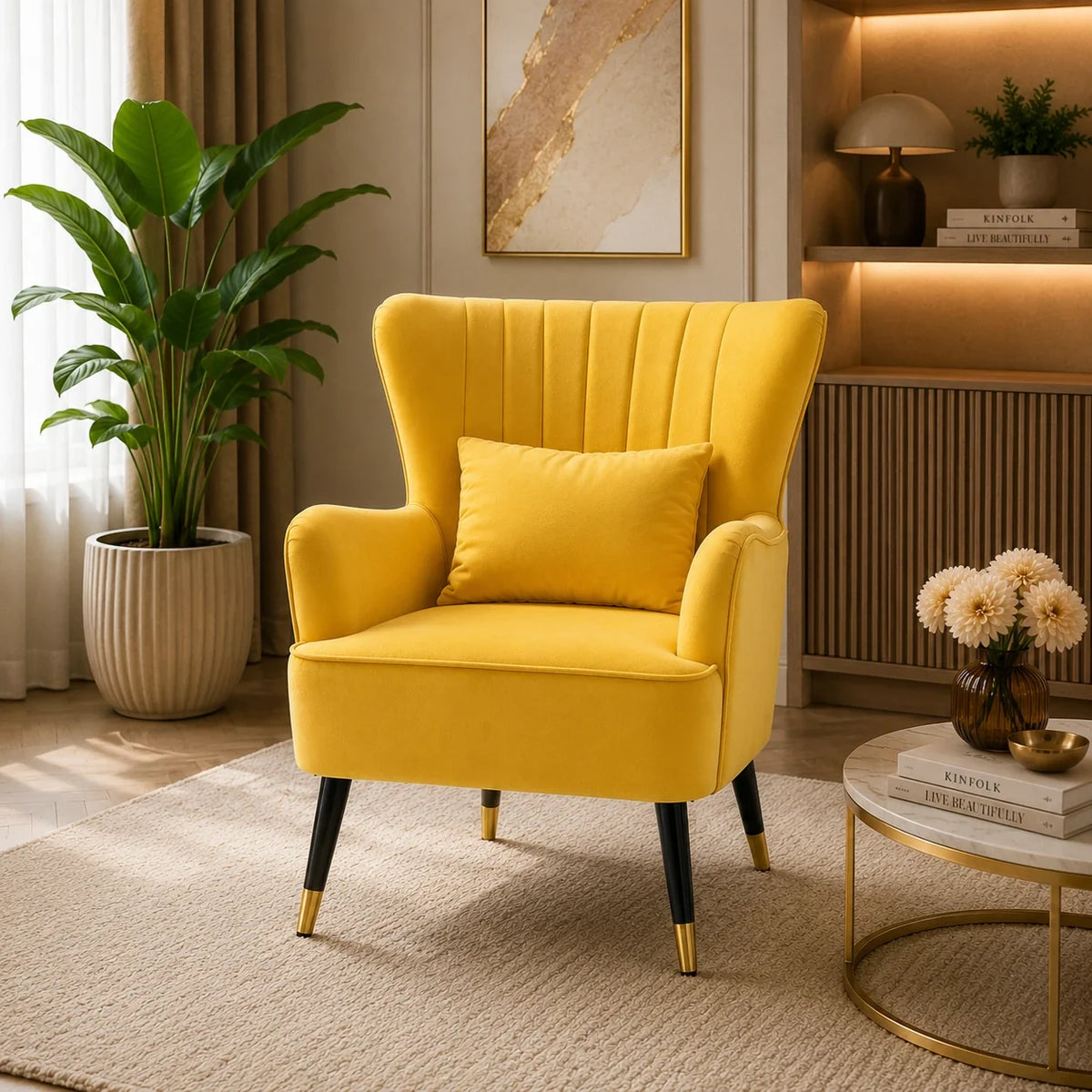 Yellow Color Tufted Accent Chair with Cushion