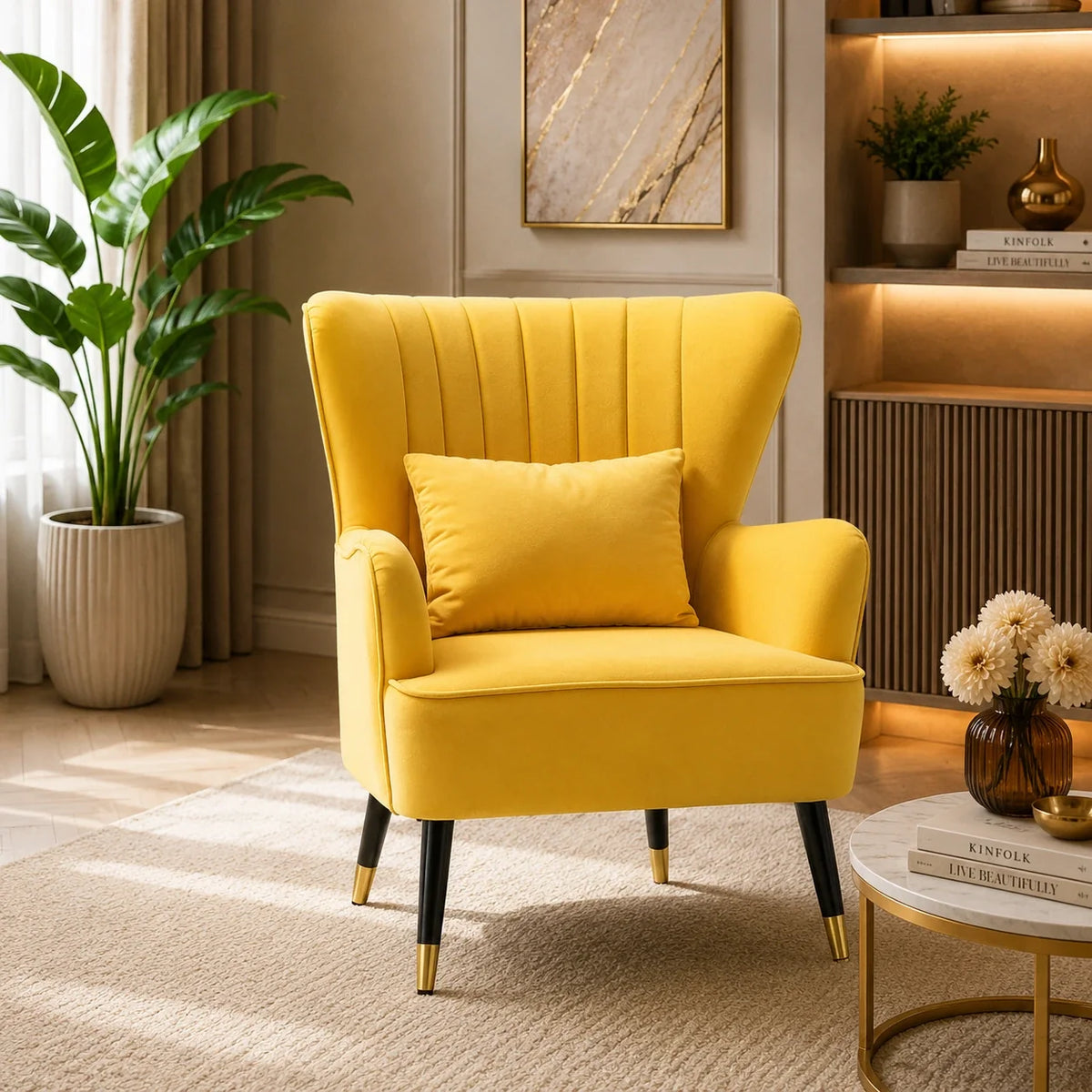 Yellow Color Tufted Accent Chair with Cushion