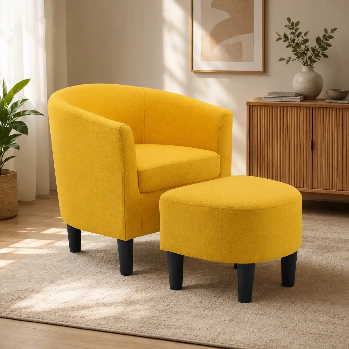 Yellow Comfy Round Back Classic Velvet Chair with Footrest