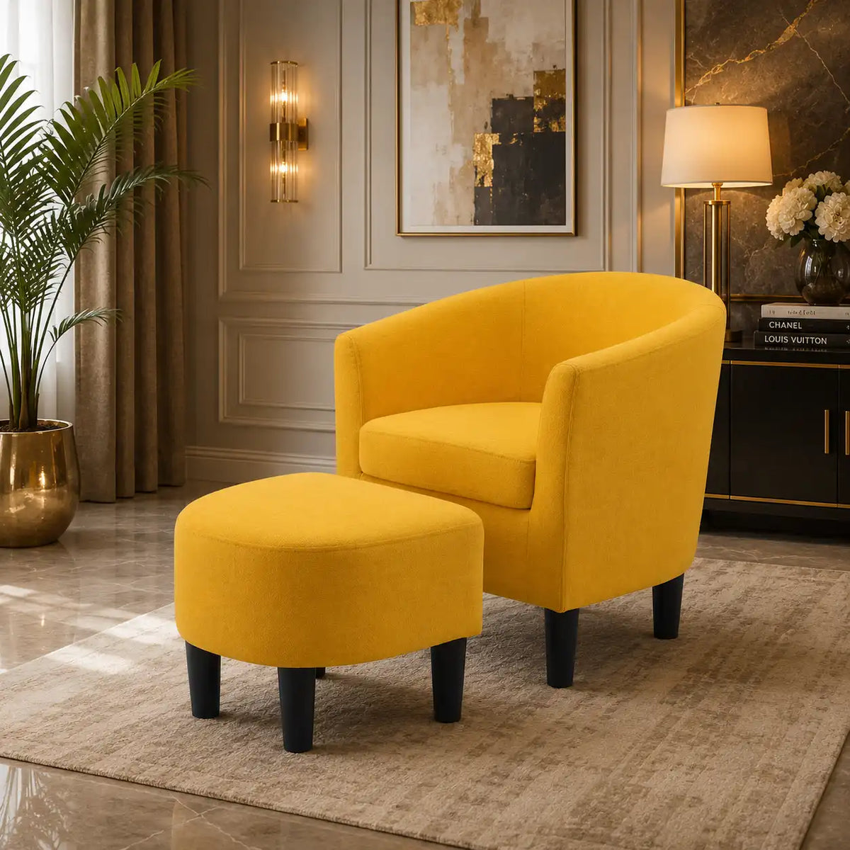 Yellow Comfy Round Back Classic Velvet Chair with Footrest