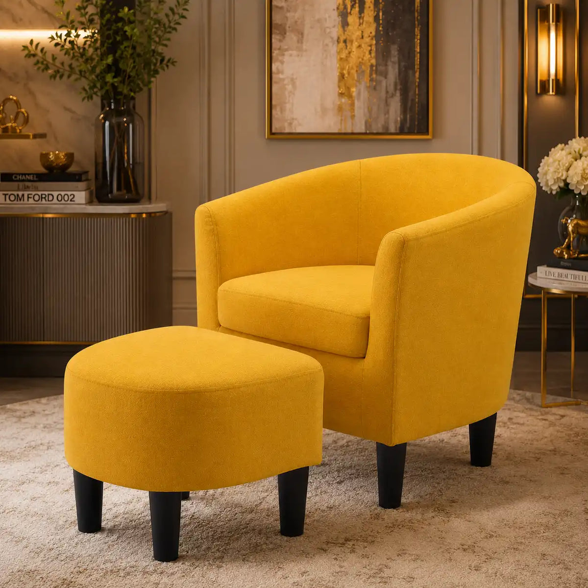 Yellow Comfy Round Back Classic Velvet Chair with Footrest