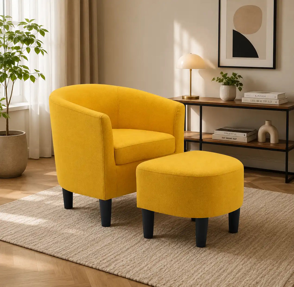 Yellow Comfy Round Back Classic Velvet Chair with Footrest