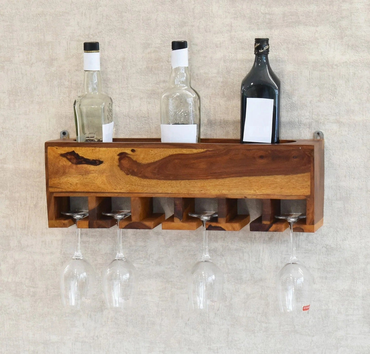 Yellow Natural Teak Wood Wall Mounted Mini Bar Shelf