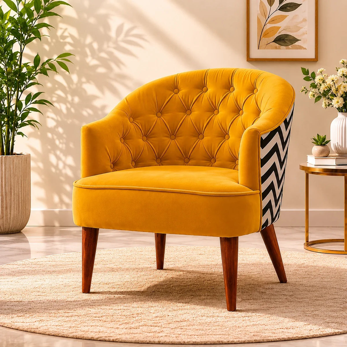 Yellow Tufted Backrest Velvet Sofa Lounge Chair