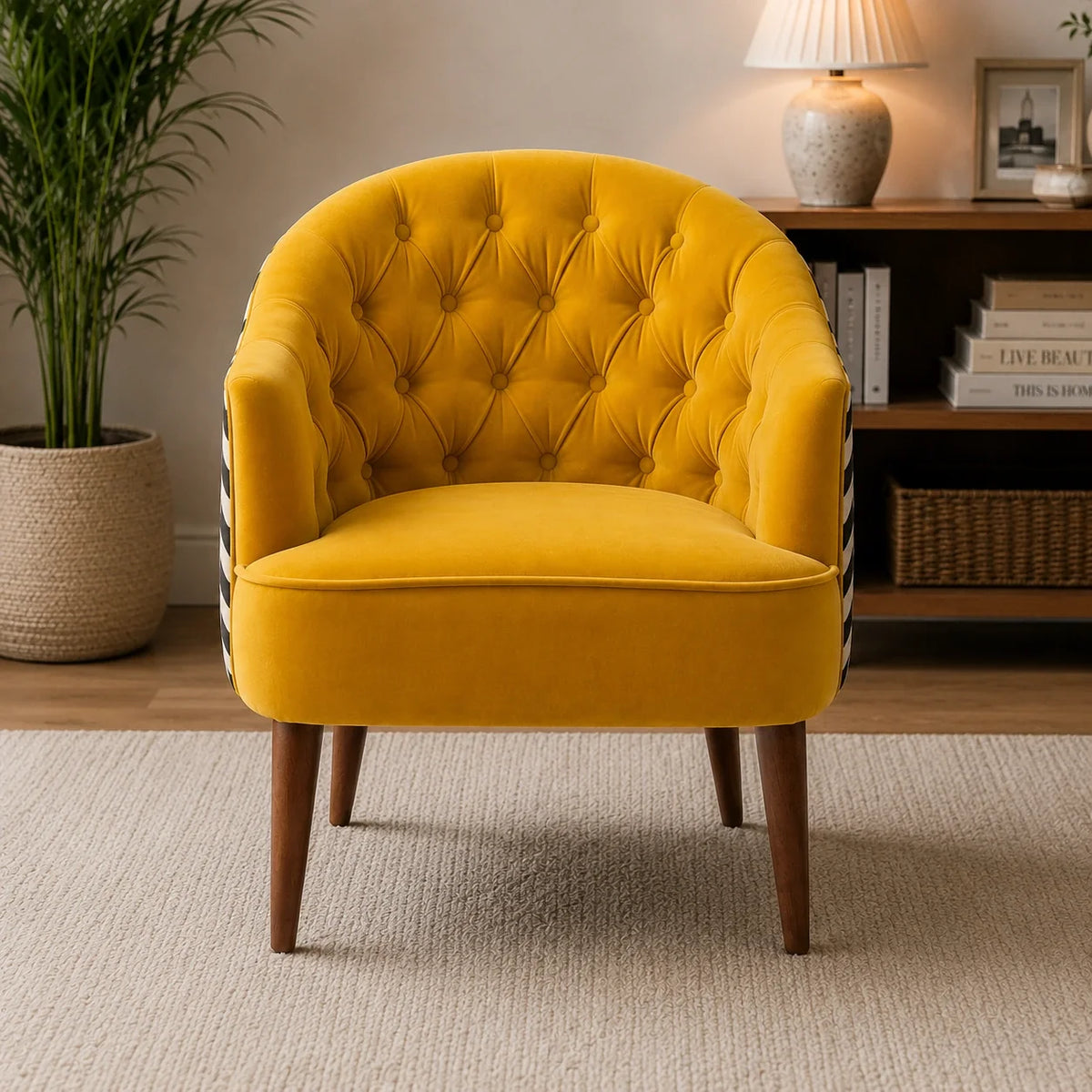 Yellow Tufted Backrest Velvet Sofa Lounge Chair