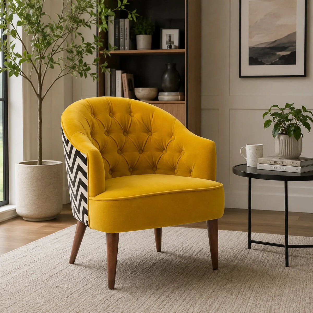 Yellow Tufted Backrest Velvet Sofa Lounge Chair