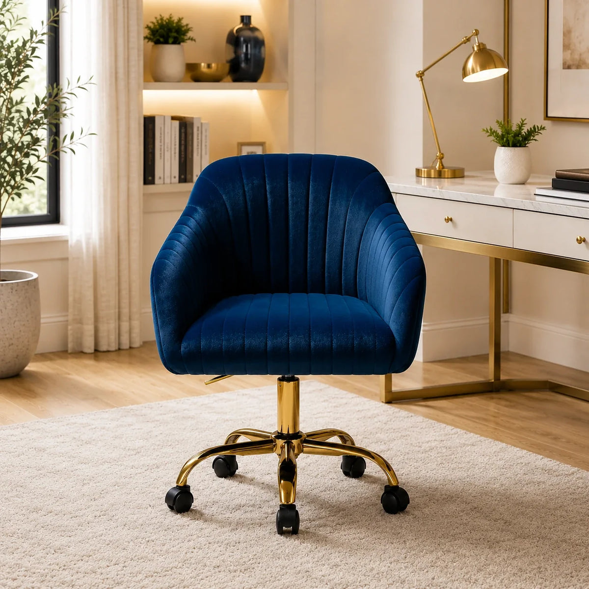 Refined Navy Blue Tufted Velvet Premium Armchair with Golden Legs