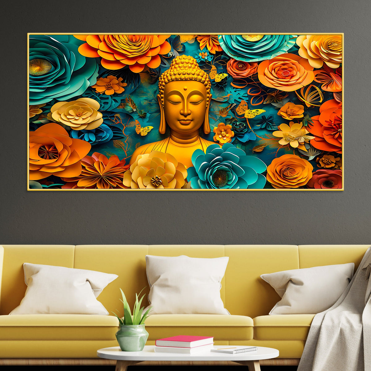 Vibrant Buddha Wall Painting with Multicolor Floral Artwork
