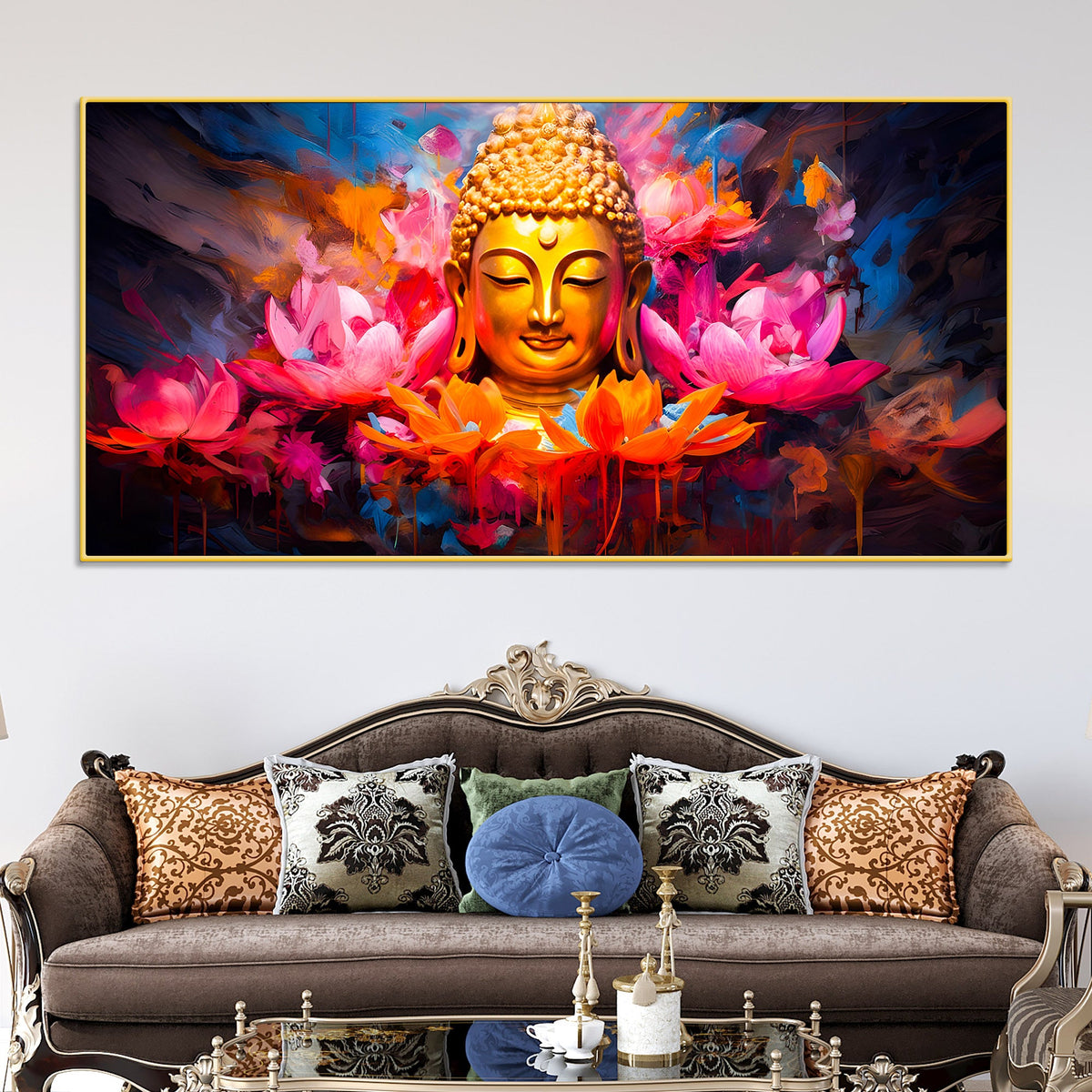 Vibrant Gautam Buddha Lotus Wall Painting for Luxury Living Room