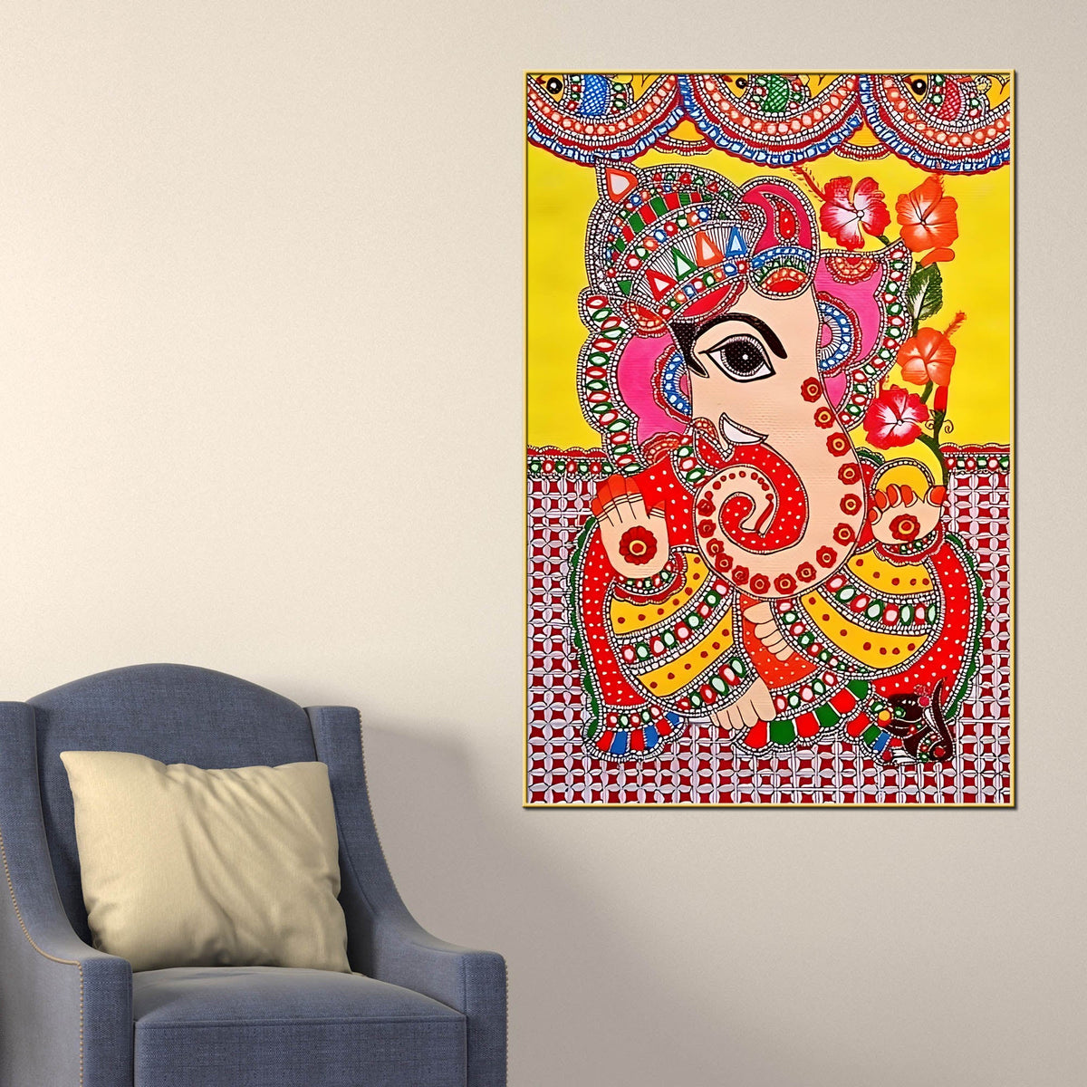 Vibrant Madhubani Ganesha Canvas Painting