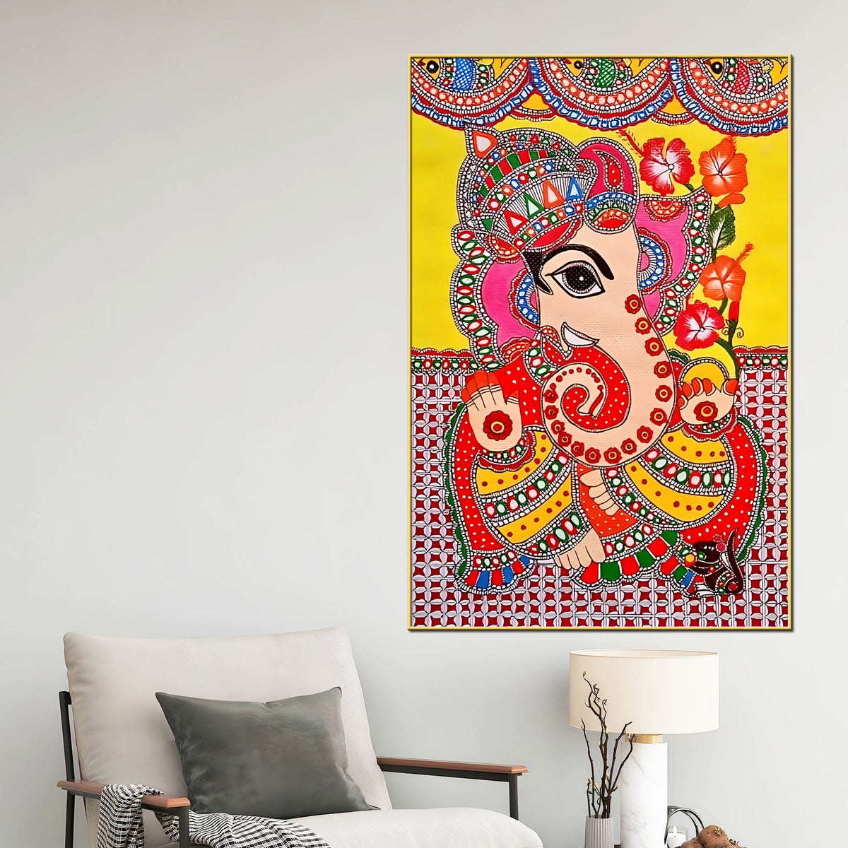 Vibrant Madhubani Ganesha Canvas Painting