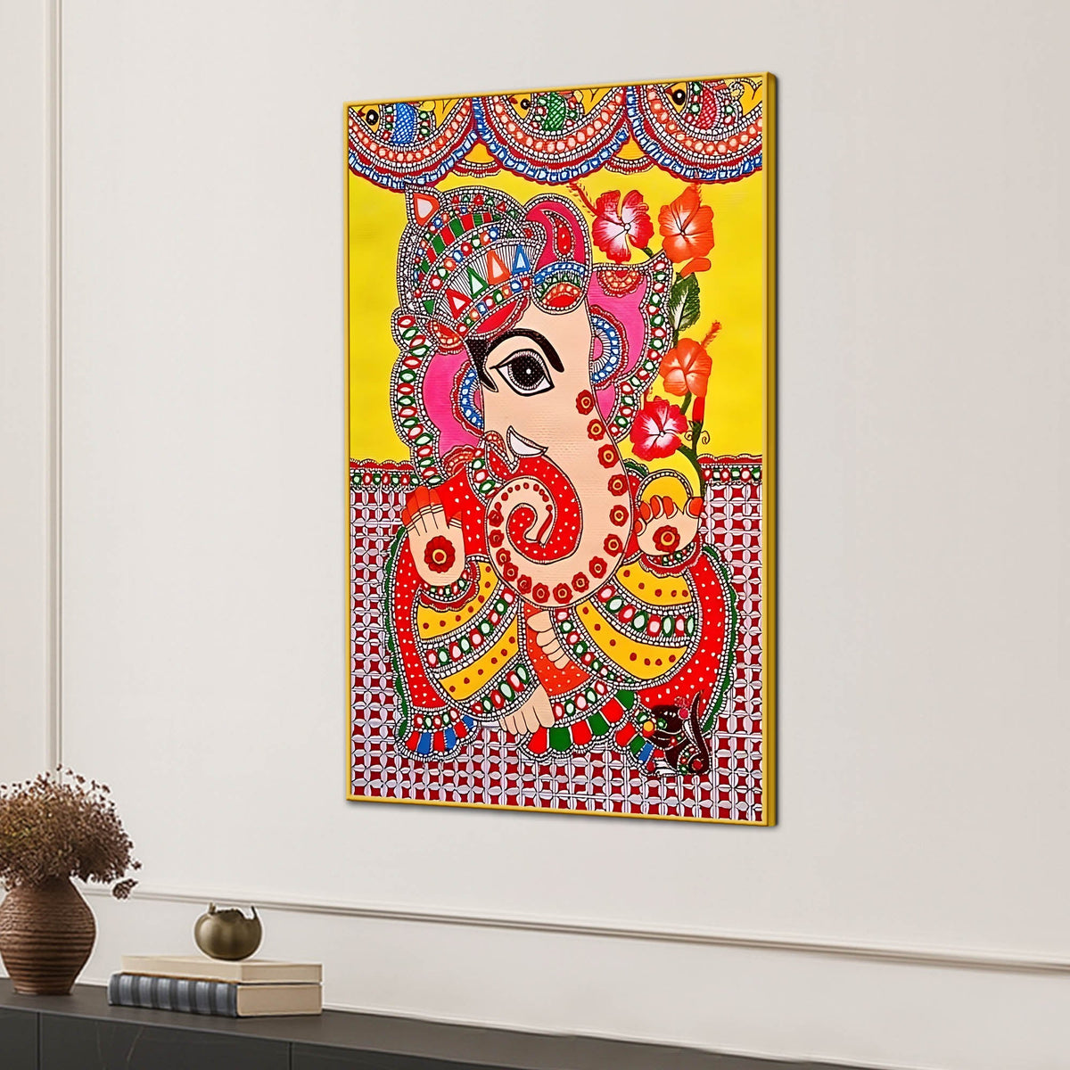 Vibrant Madhubani Ganesha Canvas Painting