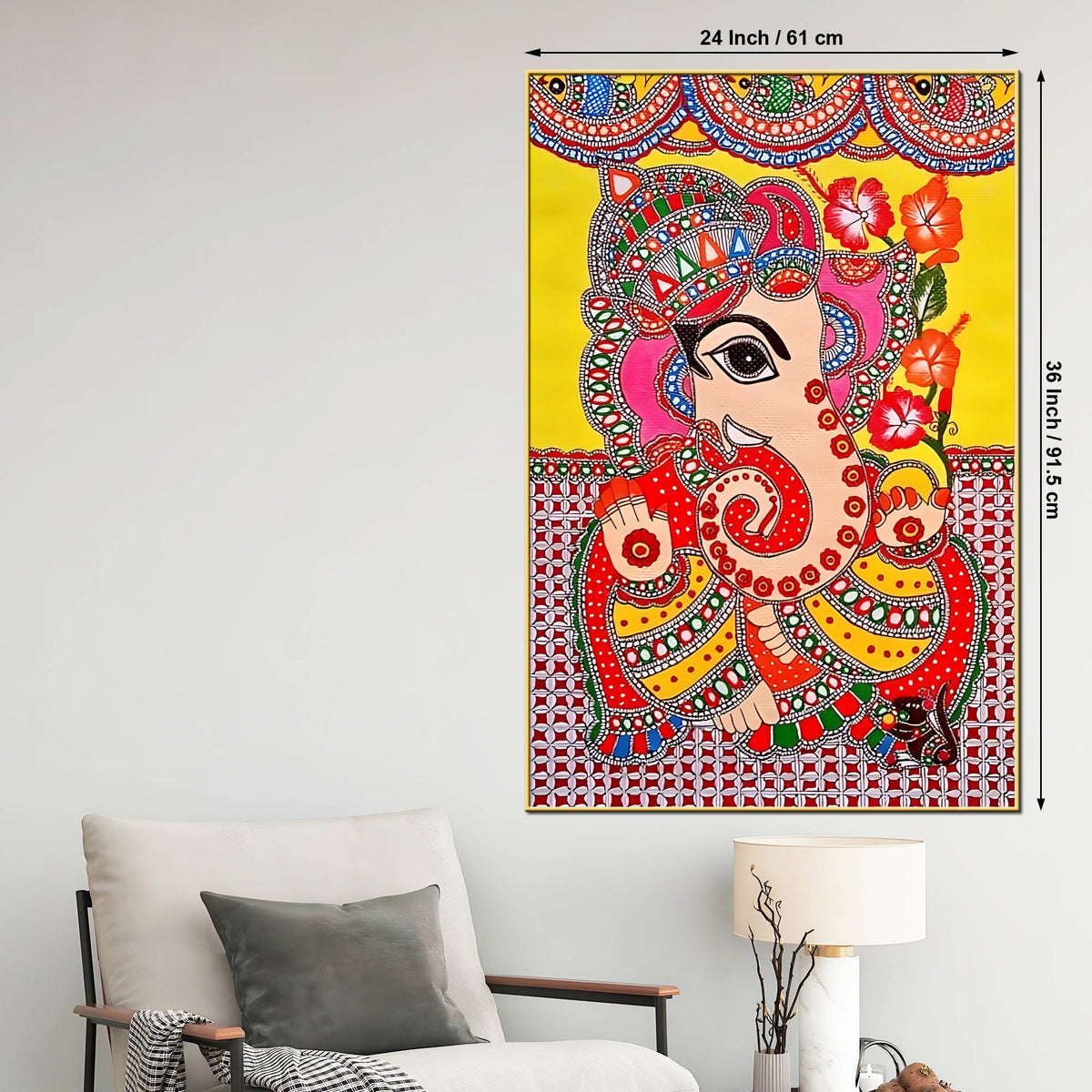 Vibrant Madhubani Ganesha Canvas Painting