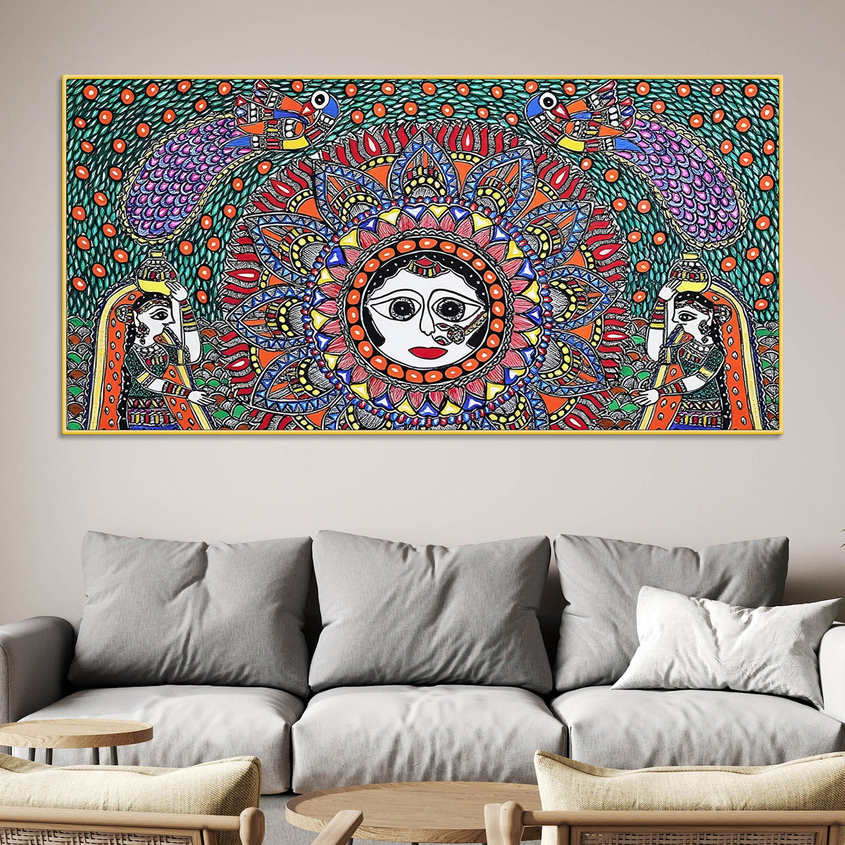 Vibrant Madhubani Surya Canvas Wall Painting