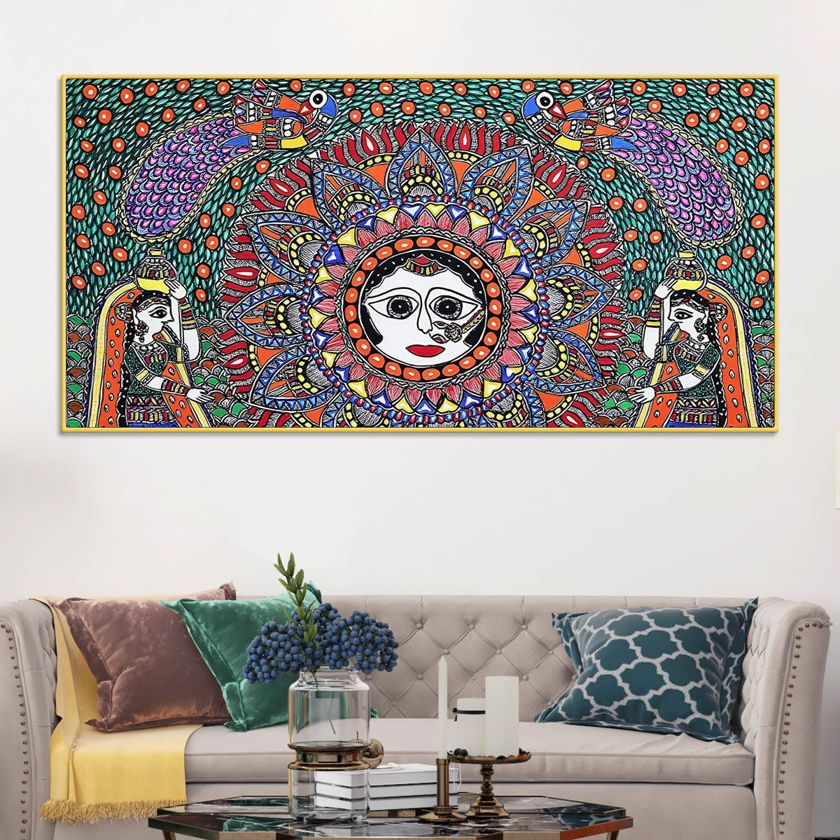 Vibrant Madhubani Surya Canvas Wall Painting