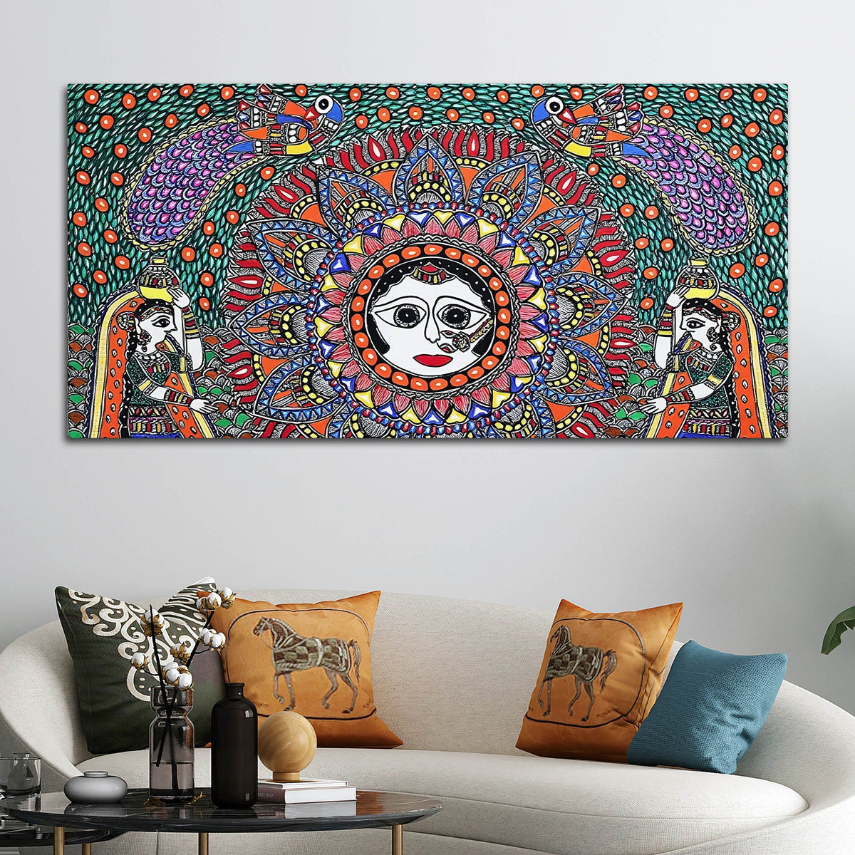 Vibrant Madhubani Surya Canvas Wall Painting