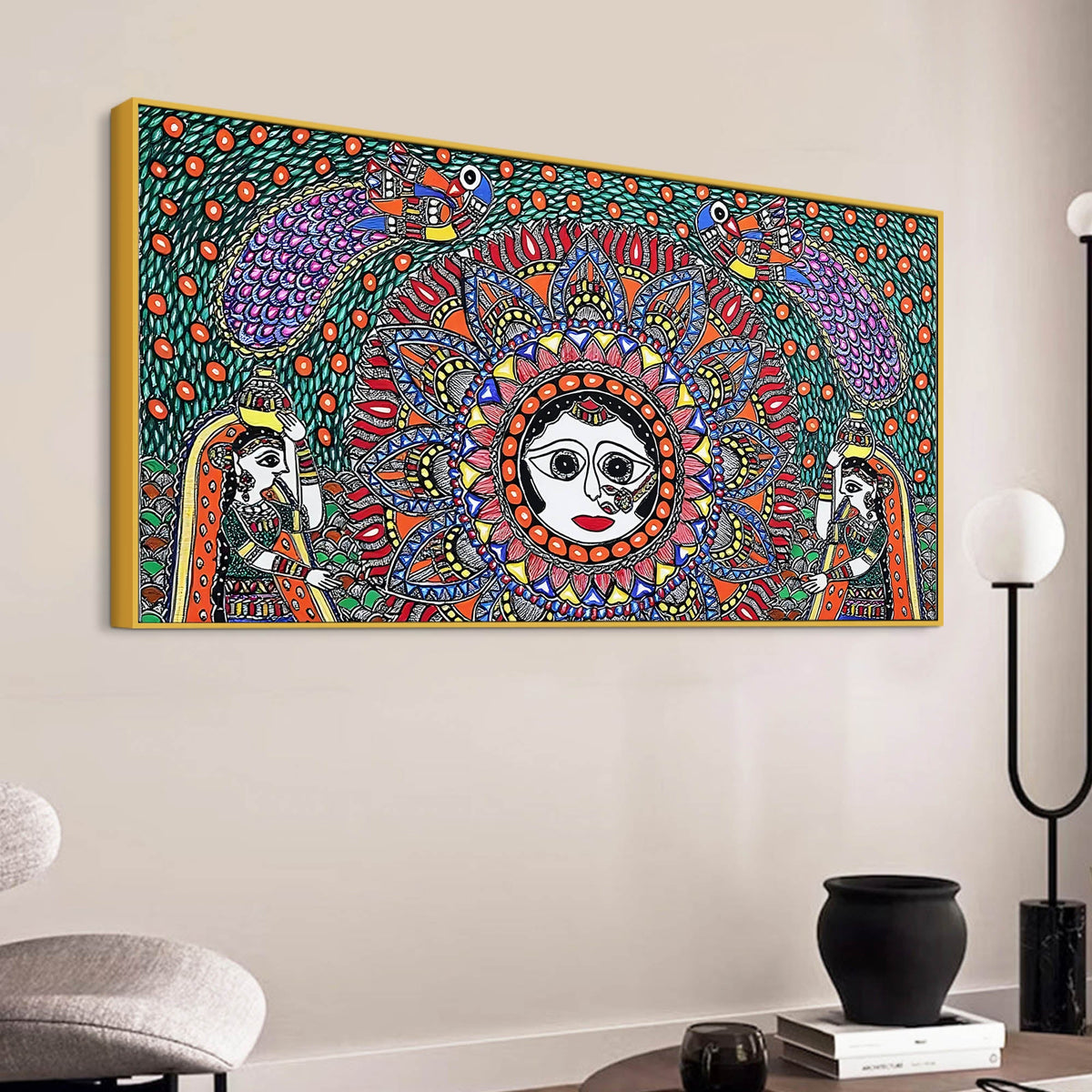 Vibrant Madhubani Surya Canvas Wall Painting