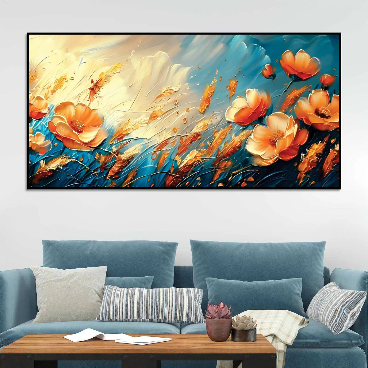 Vibrant Orange Flowers Floral Meadow Abstract Canvas Wall Painting
