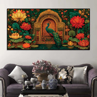 Vibrant Peacock and Red Lotus Floral Canvas Wall Painting
