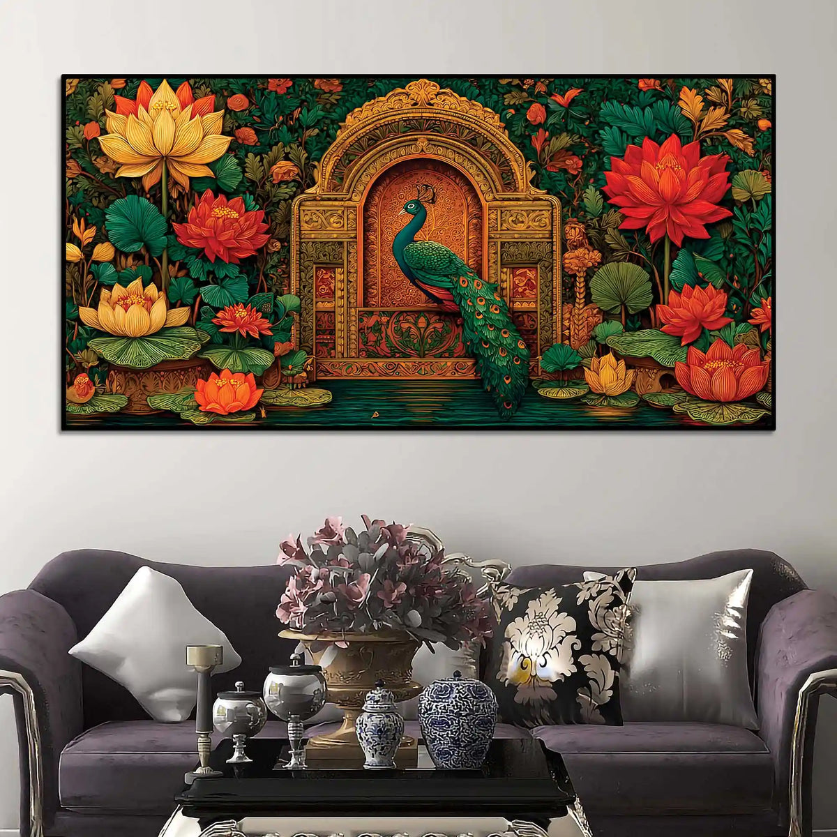 Vibrant Peacock and Red Lotus Floral Canvas Wall Painting